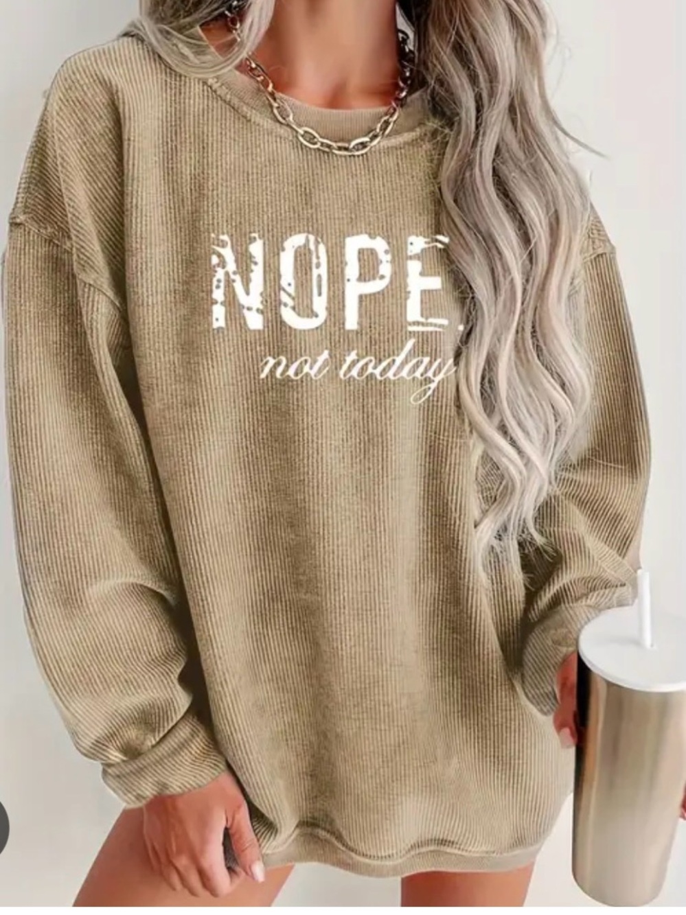 “Nope Not Today” Graphic Khaki Ribbed Crewneck Sweater XL Cozy Casual Pullover